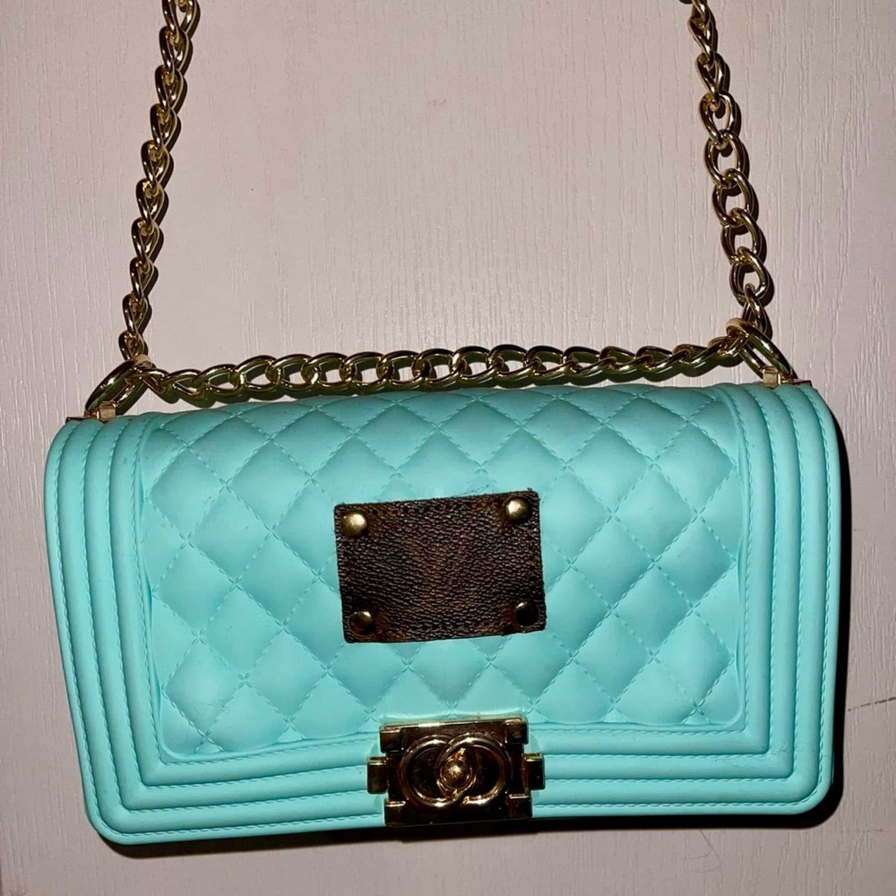 Fun Hard Plastic Quilted Mint Green Chain Bag with Authentic LV Patch